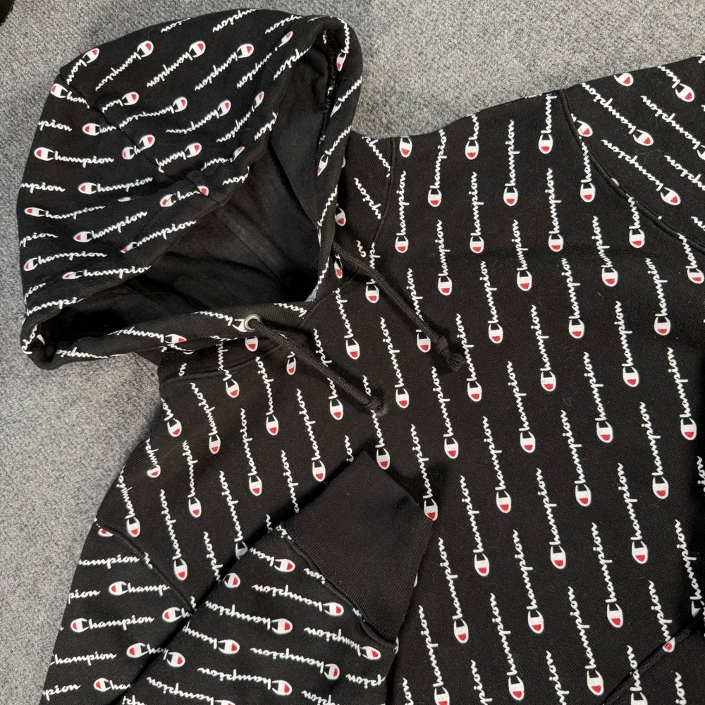 Champion Reverse Weave Hoodie Mens Large Black All Over Script Logo Print #4313